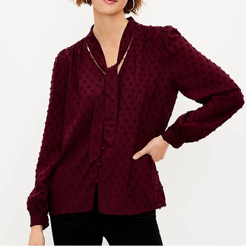 LOFT Clip Bow Maroon Dot Long Sleeve Blouse | Women’s Work Tops Business Casual